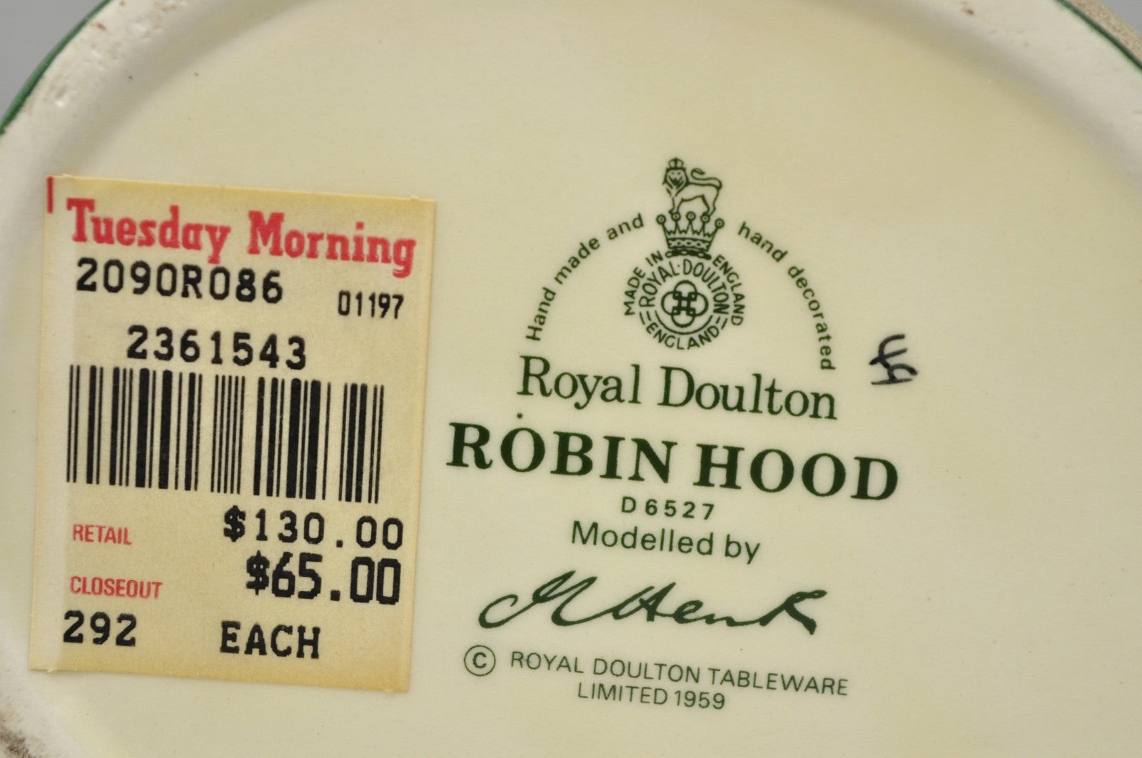 Vintage 1959 Royal Doulton Robin Hood D6527 Porcelain Toby Character Jug Mug