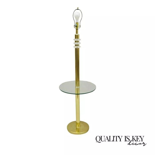 Vintage Mid Century Modern Lucite Brass Glass Pole Floor Lamp Side Table (B)