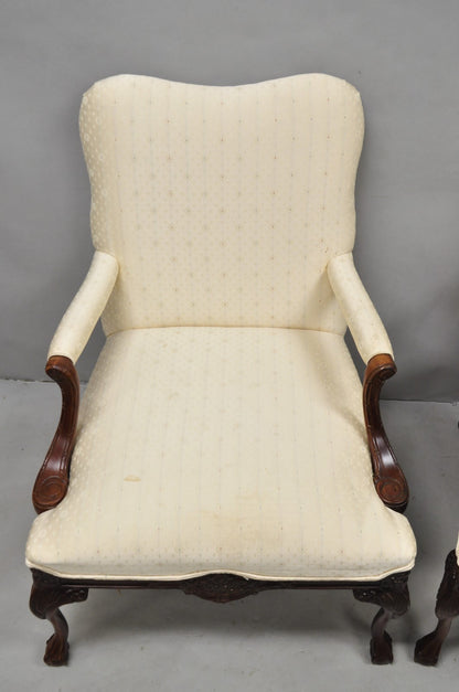 Vintage Thomasville Georgian Style Carved Mahogany Lounge Arm Chairs - a Pair