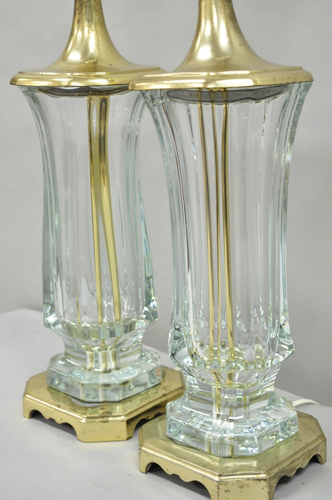 Vintage Cofrac Art Verrier French Leaded Crystal Glass & Brass Table Lamps, Pair
