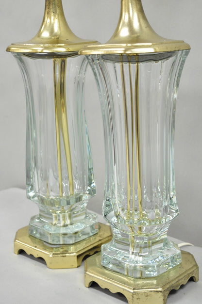 Vintage Cofrac Art Verrier French Leaded Crystal Glass & Brass Table Lamps, Pair