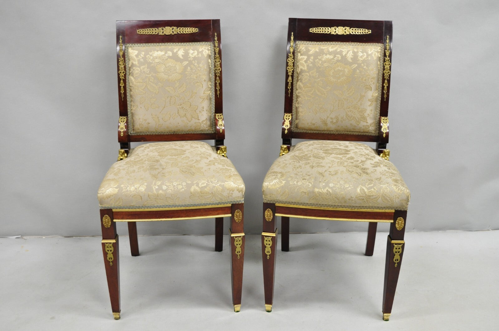 Vintage French Empire Mahogany Side Chairs with Bronze "Sphinx" Ormolu - a Pair