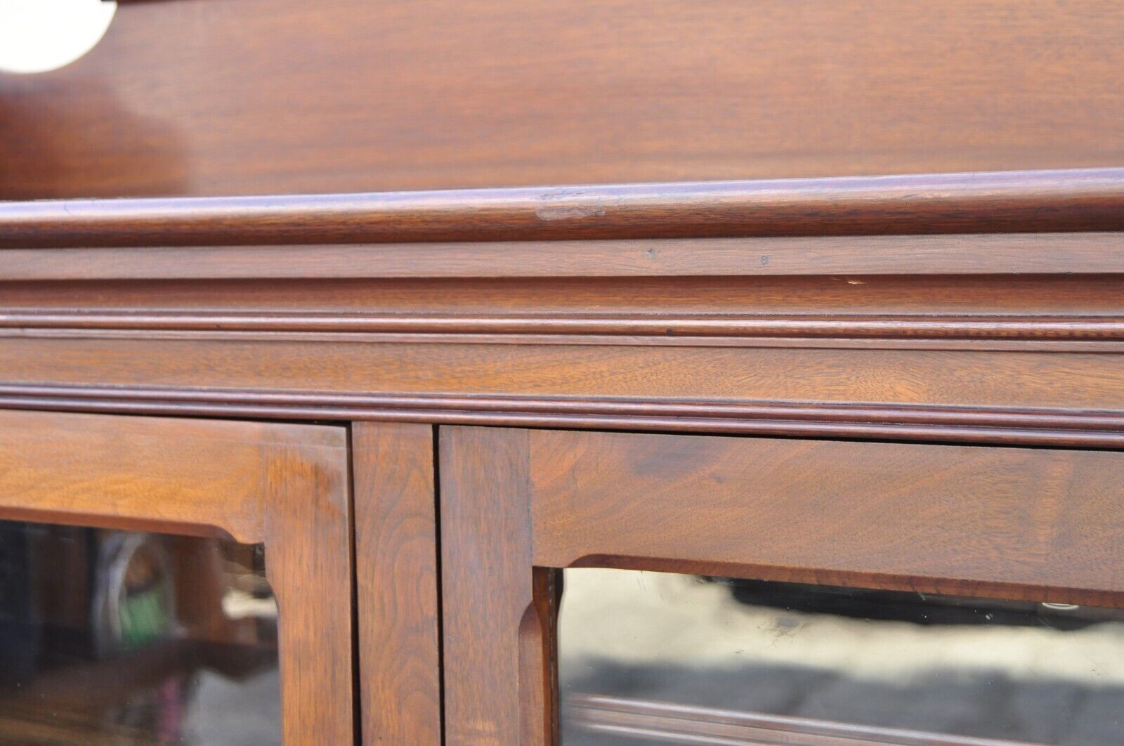 Antique Eastlake Victorian Walnut Wavy Glass Triple Bookcase Display Cabinet