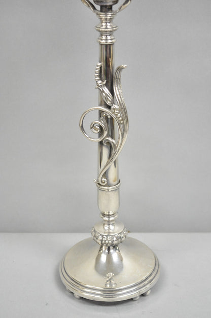Antique French Art Nouveau Silver Plated Scrollwork Column Small Table Lamp