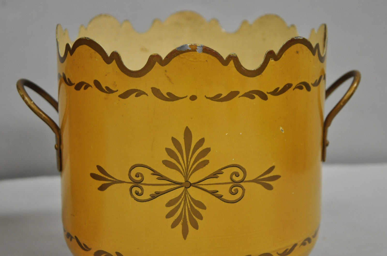 Vintage French Country Tole Metal Yellow Painted Cachepot Planter Vase - a Pair