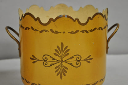 Vintage French Country Tole Metal Yellow Painted Cachepot Planter Vase - a Pair