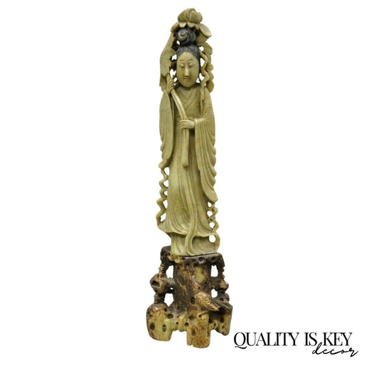 Carved Chinese Soapstone Guanyin Kwan Yin 15" Tall Figurine Statue