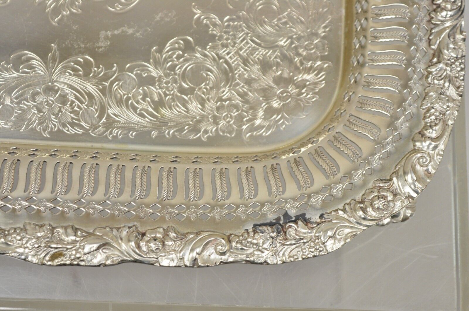 Vintage English Victorian Silver Plated Reticulated Square Serving Platter Tray