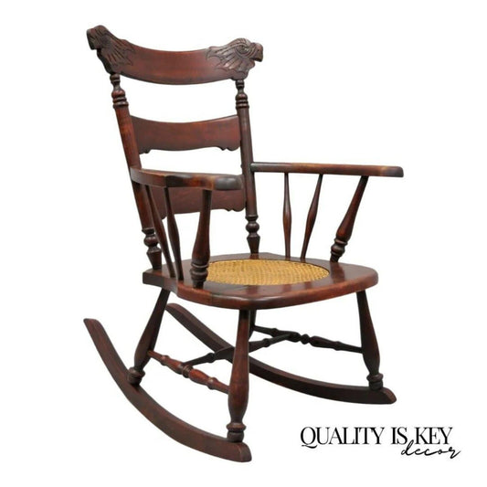 Antique Victorian Carved Mahogany Figural Eagle Cane Seat Rocker Rocking Chair