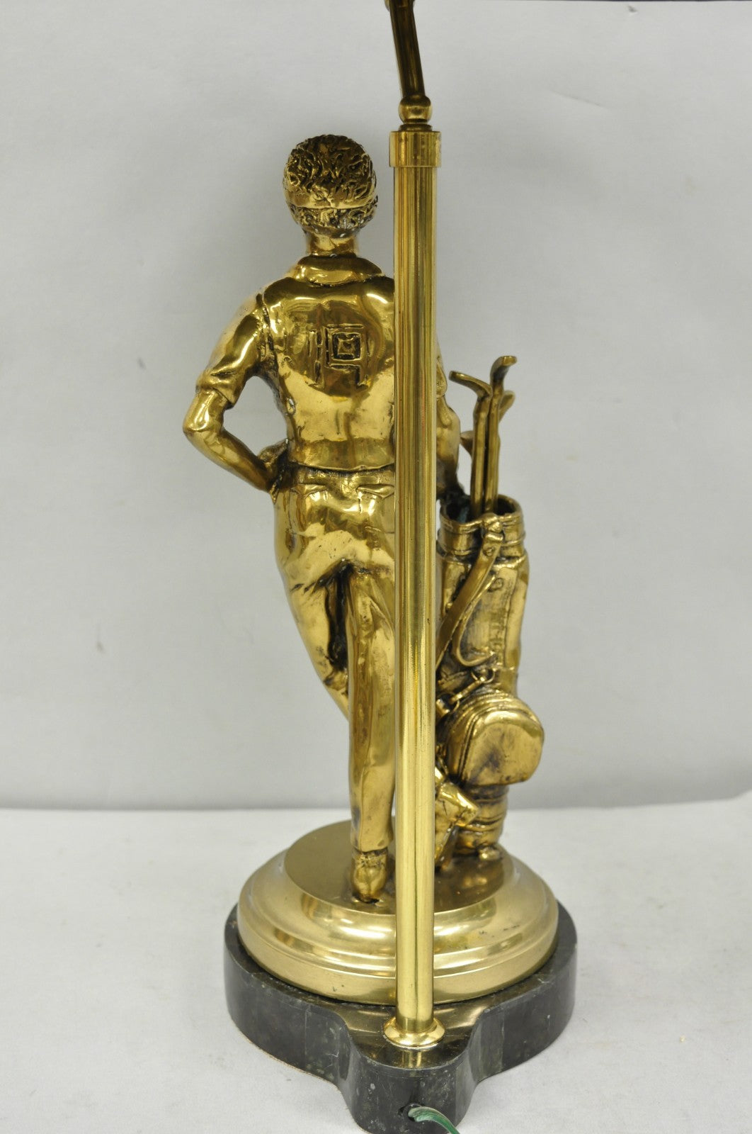 Vintage Maitland Smith Bronze Figure Golfer Sculpture Table Lamp w Leather Shade