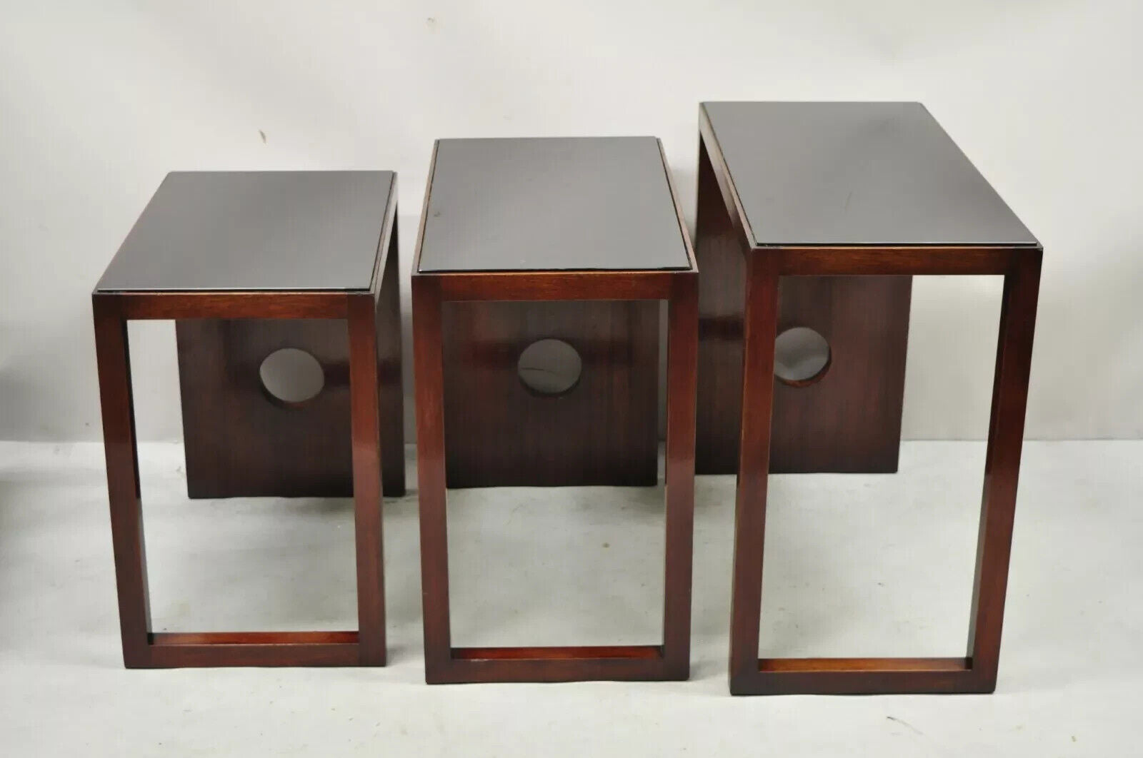 James Mont Mid Century Modern Mahogany & Glass Top Art Deco Nesting Side Tables