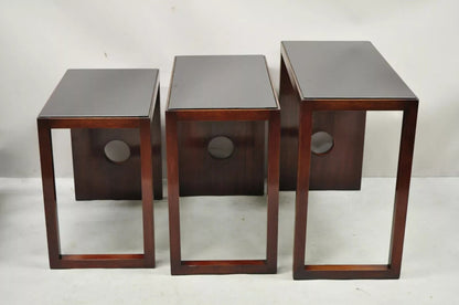 James Mont Mid Century Modern Mahogany & Glass Top Art Deco Nesting Side Tables