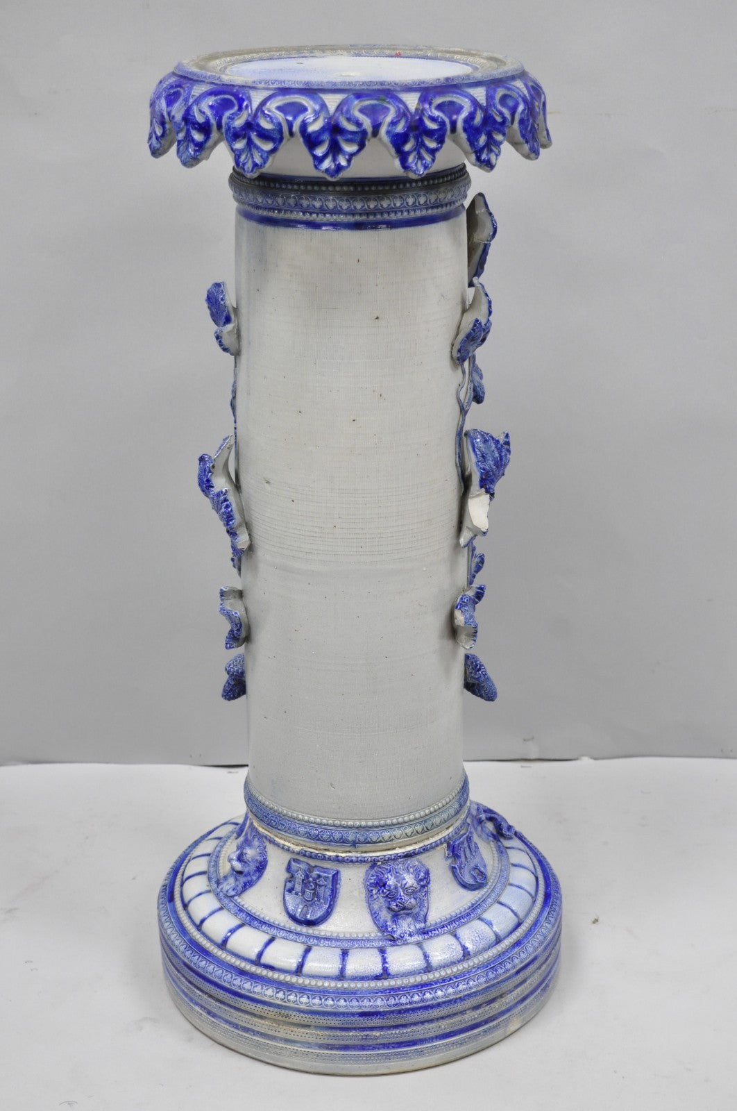 Antique German Westerwald Salt Glaze Stoneware Cobalt Blue Jardiniere & Pedestal