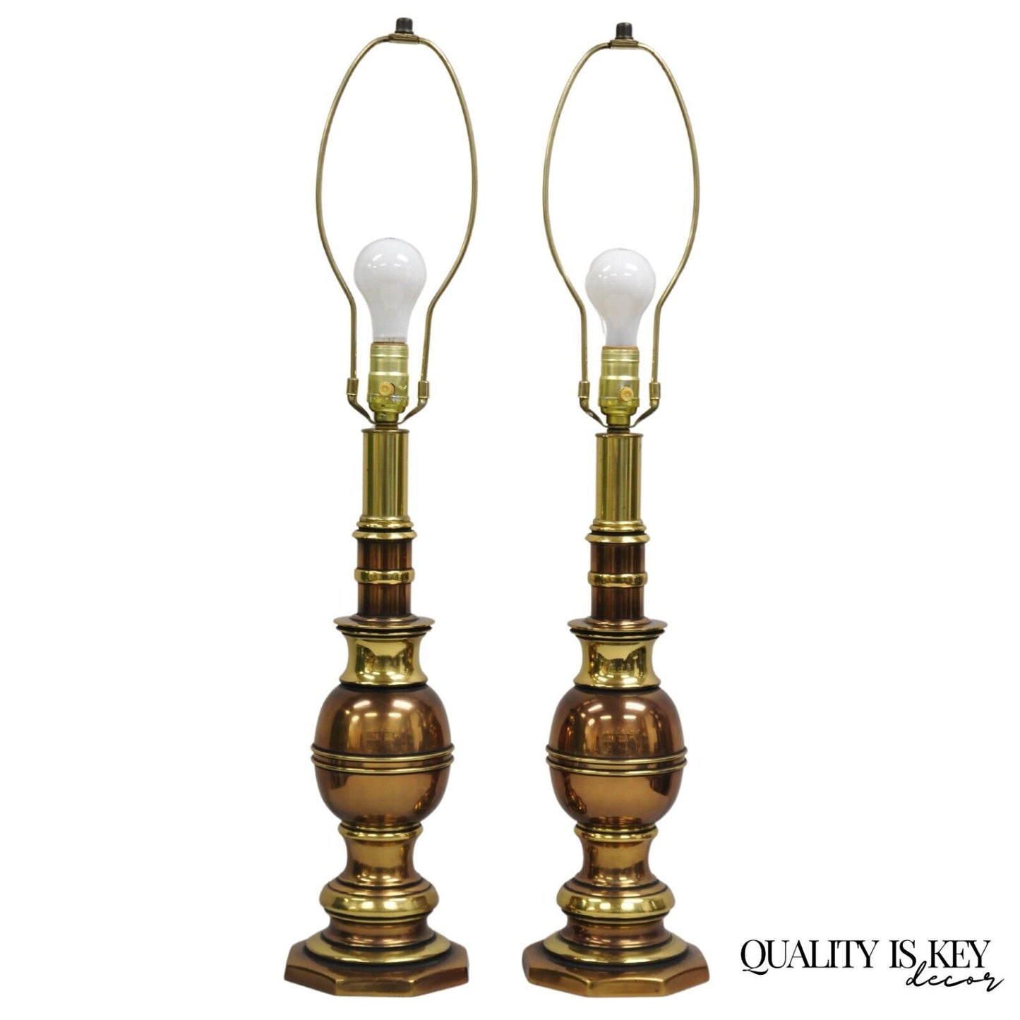 Vintage Hollywood Regency Brass & Copper Faux Bamboo Table Lamps - a Pair