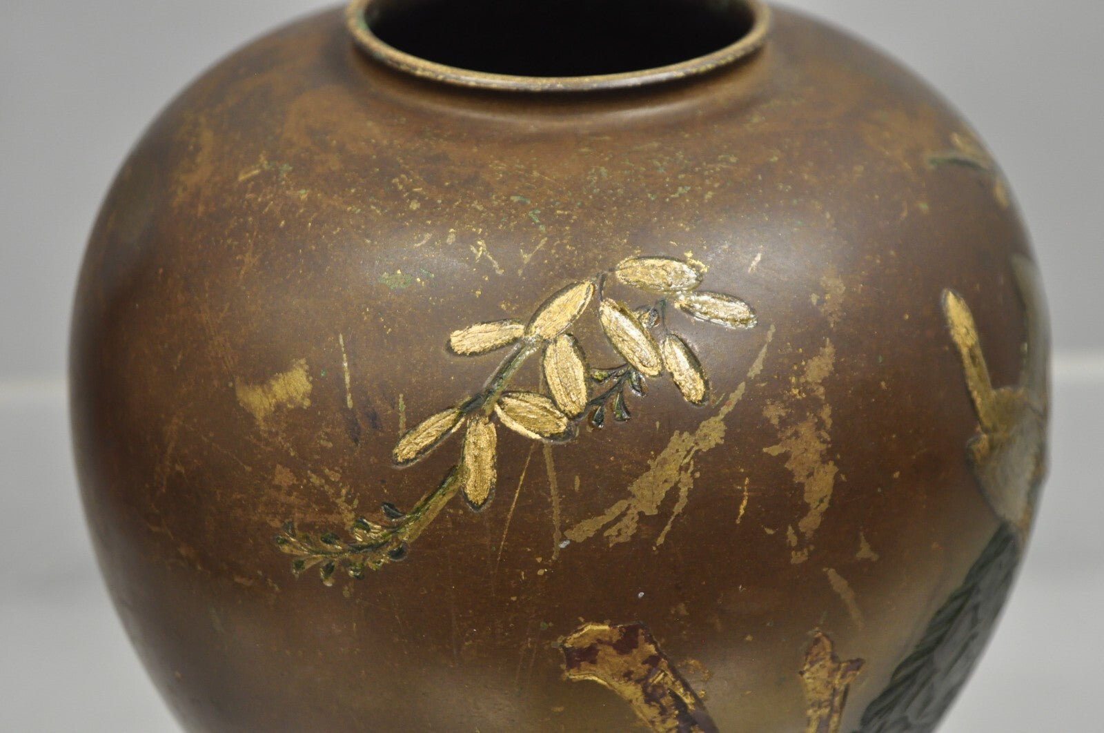 Vintage Chinese Bronze Hand Painted Bird Crane Oriental Bulbous Bud Vase