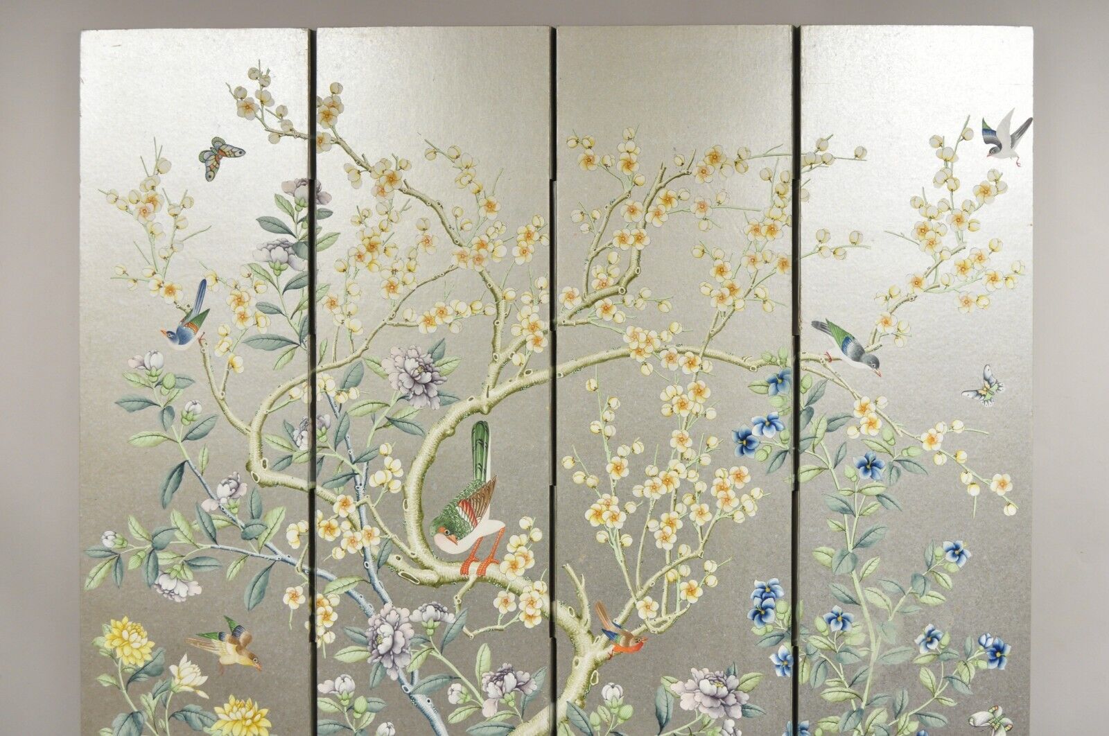 Vintage Chinoiserie Silver Leaf Birds Butterflies 4 Panel Screen Room Divider A