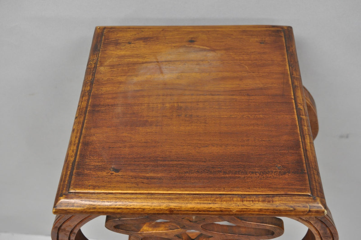 Vintage French Art Nouveau Style Carved Teak Pedestal Plant Stand Side Table