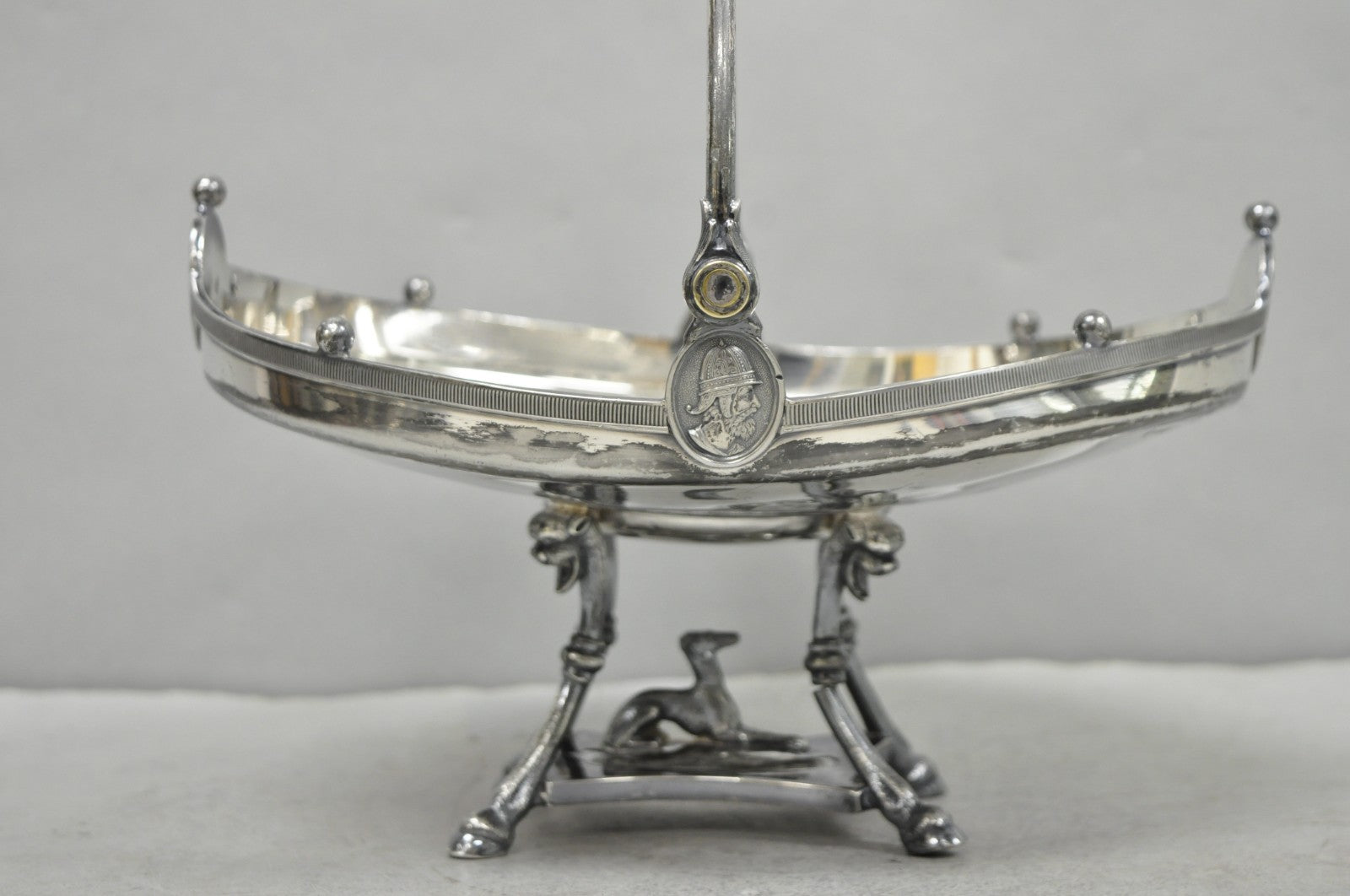 Antique Reed & Barton English Regency Figural Bread Basket w Whippet Dog Base