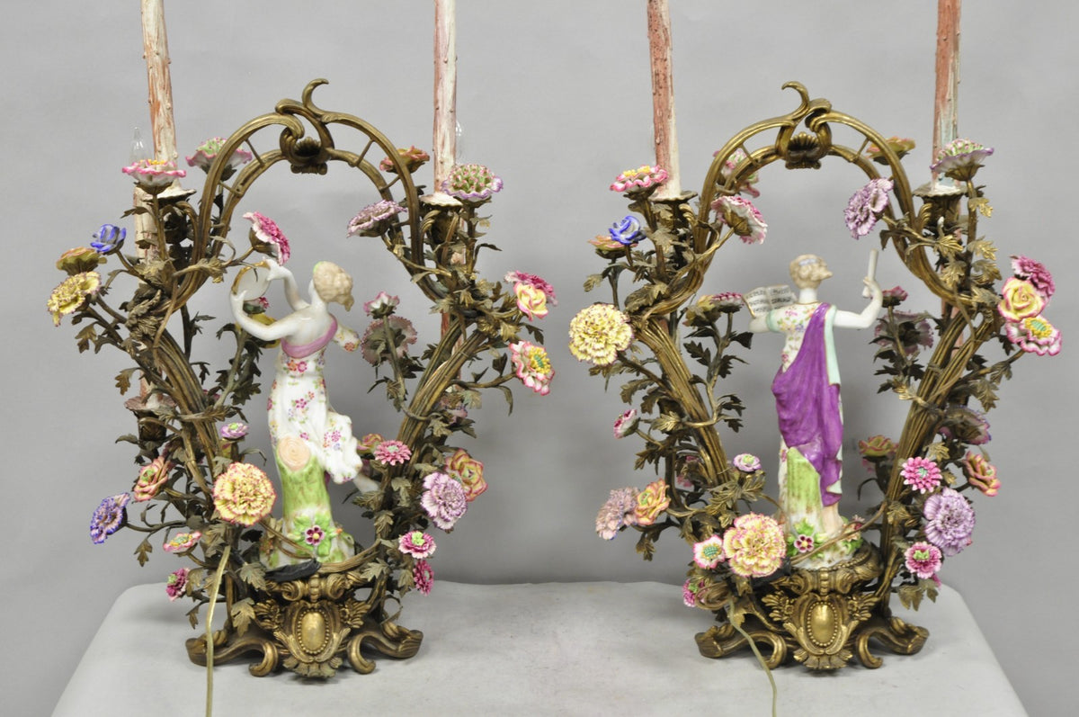 French Louis XV Repro Bronze & Porcelain Candelabra Lamps by United Wilson, Pair