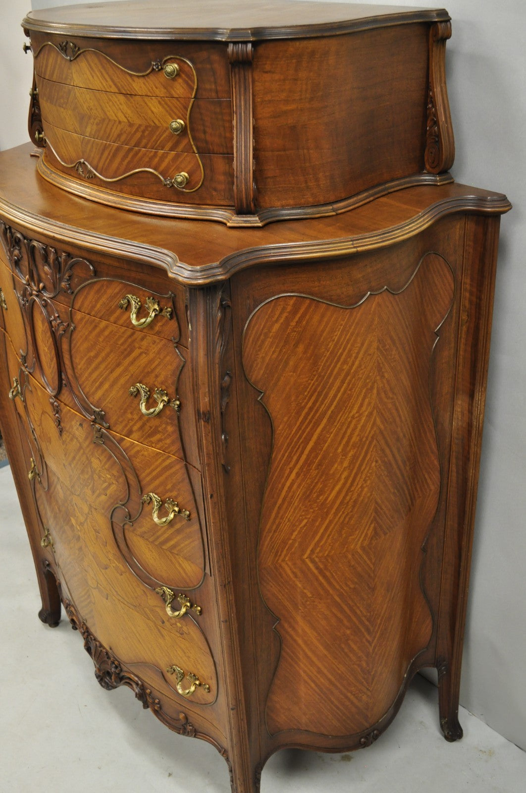 Antique French Louis XV Carved Walnut Satinwood Inlay Highboy Tall Chest Dresser
