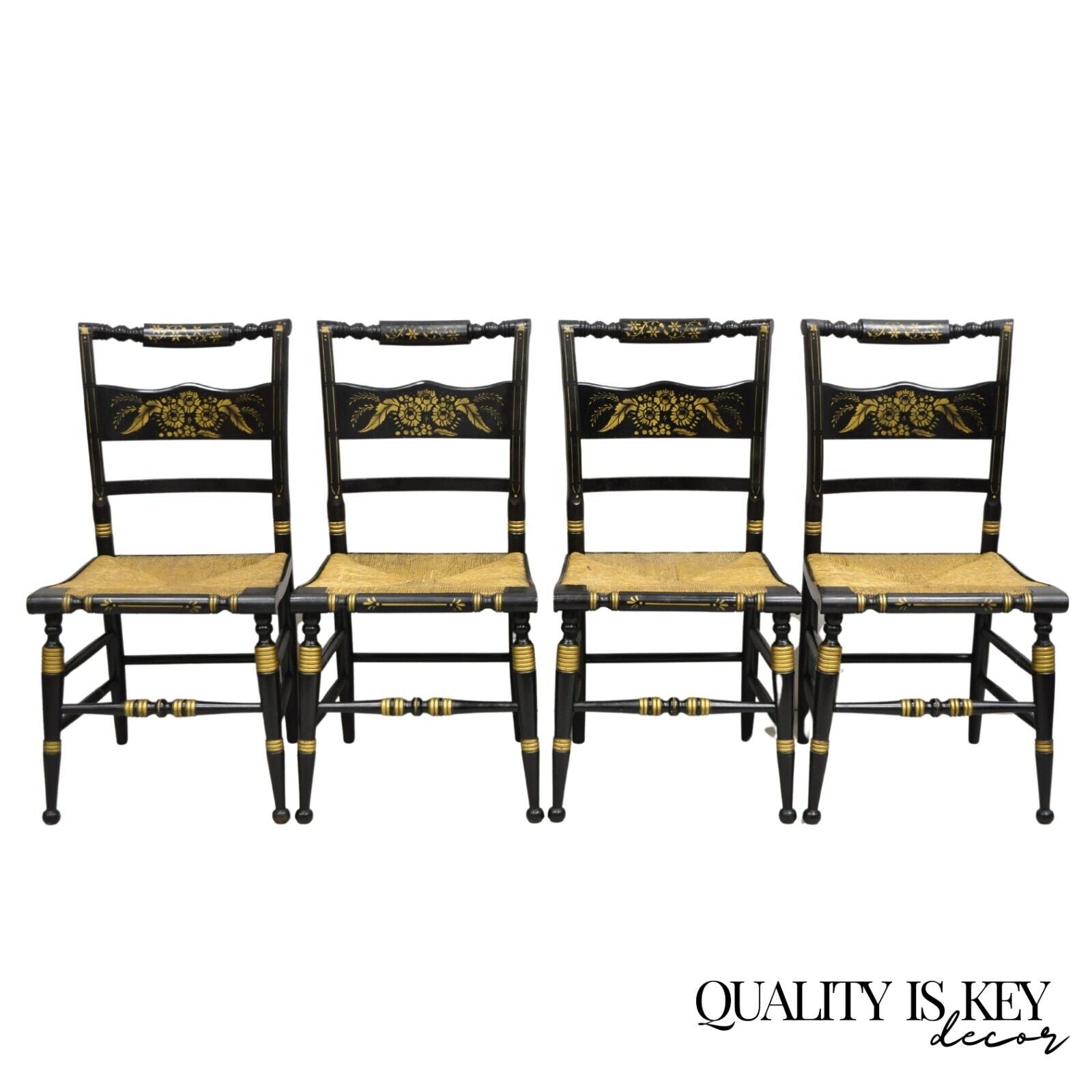 Antique Hitchcock Style Black Lacquer Stencil Rush Seat Dining Chairs - Set of 4
