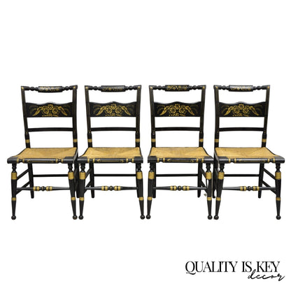 Antique Hitchcock Style Black Lacquer Stencil Rush Seat Dining Chairs - Set of 4