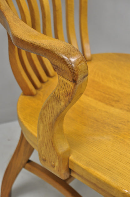 Traditional Antique Solid Golden Oak Wood Office Library Bankers Arm Chair