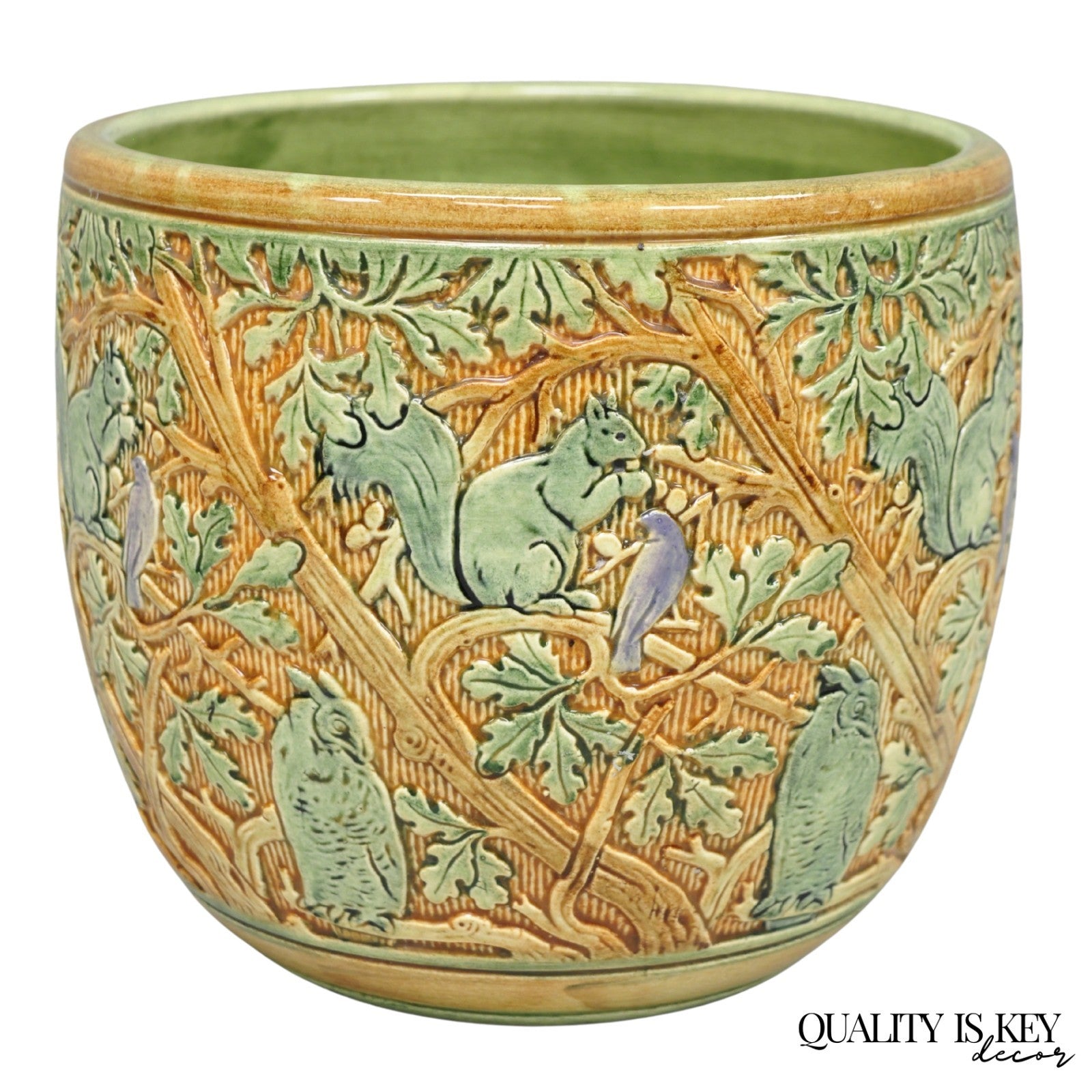 Weller Clinton Art Pottery Green Glazed Squirrel & Acorn Planter Jardinière