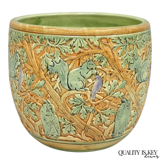 Weller Clinton Art Pottery Green Glazed Squirrel & Acorn Planter Jardinière
