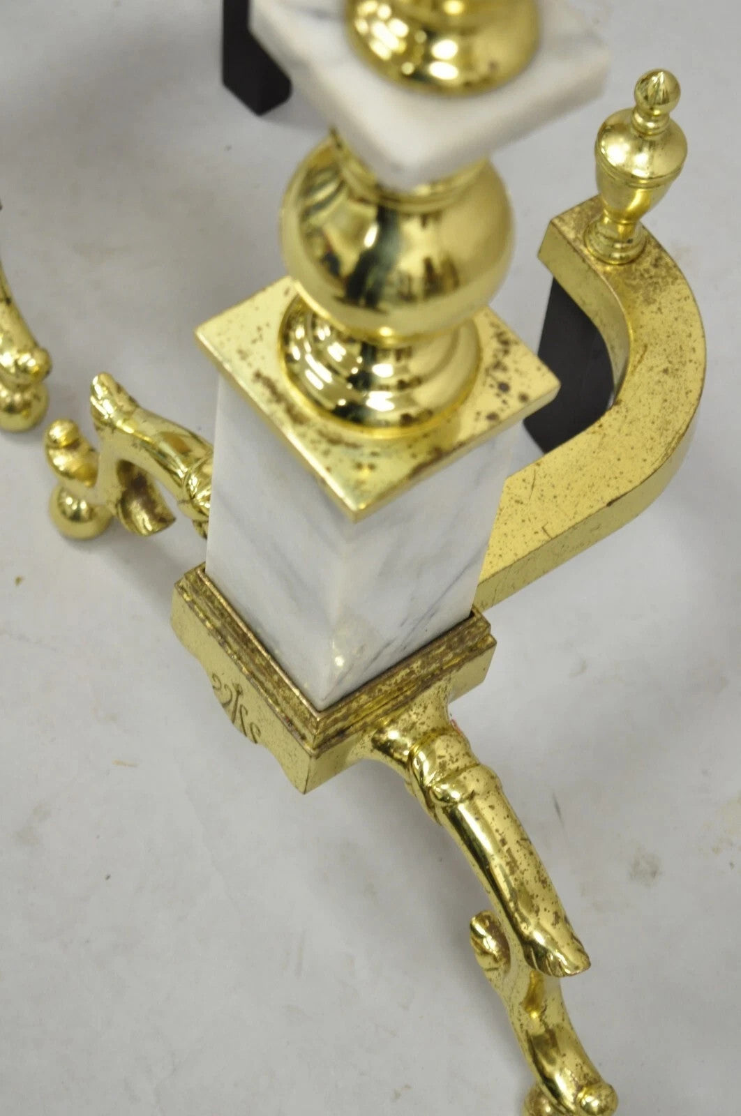 Vintage Brass Urn & Marble Federal Style Branch Leg Fireplace Andirons - a Pair
