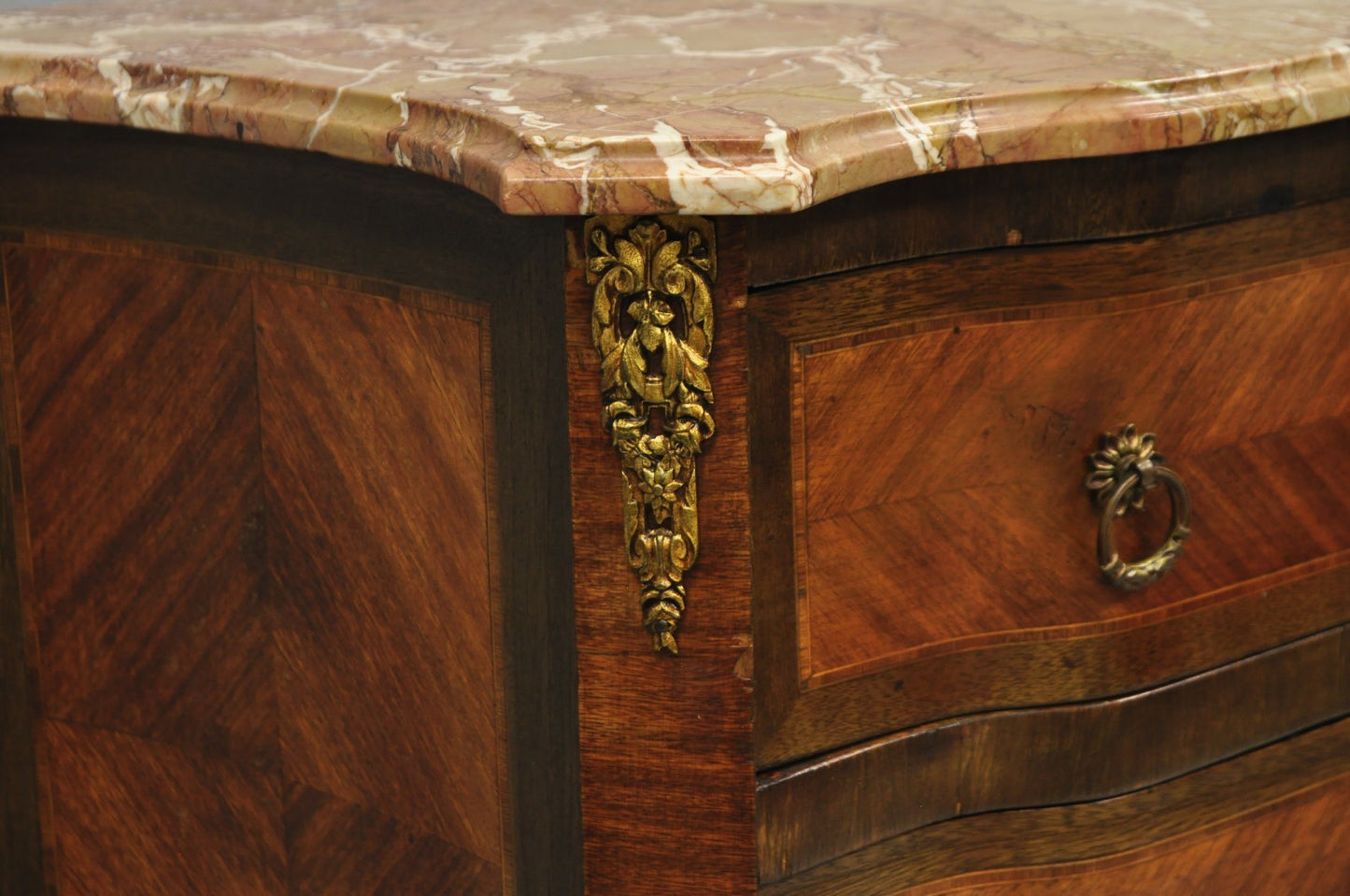 Antique French Louis XV Marquetry Inlay Marble Top Bombe Nightstand Side Table