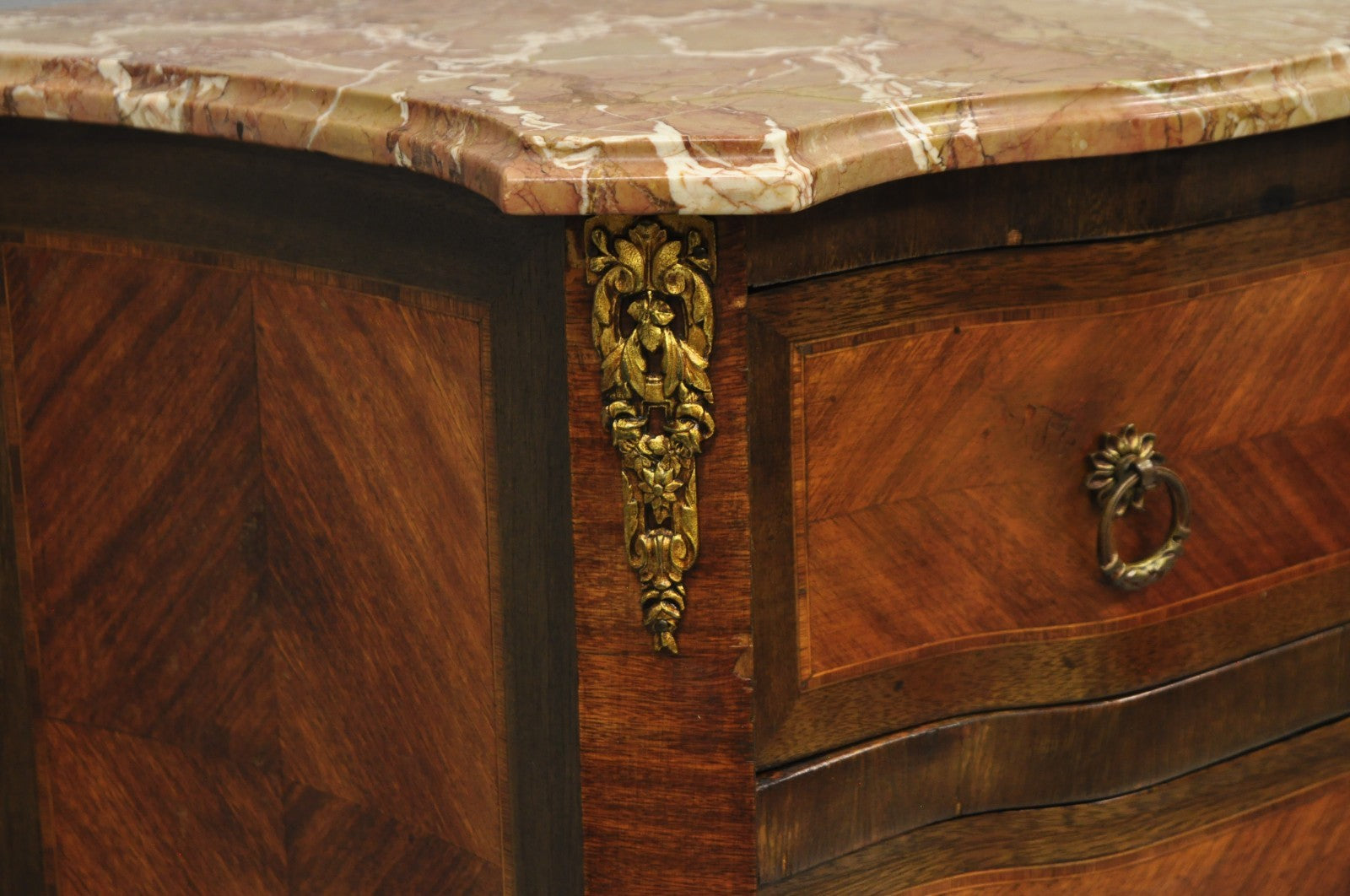 Antique French Louis XV Marquetry Inlay Marble Top Bombe Nightstand Side Table