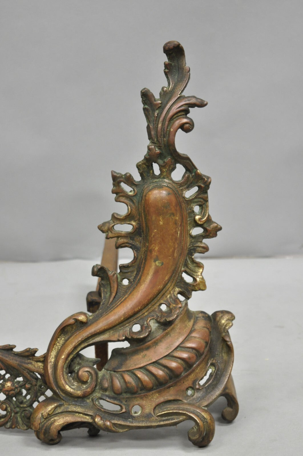 Antique French Louis XV Patinated Brass Bronze Small Fireplace Andirons & Fender