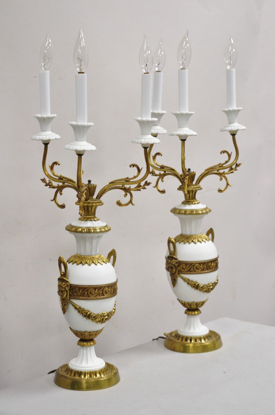 Antique French Louis XV Figural Bronze & Porcelain Candelabra Table Lamps - Pair