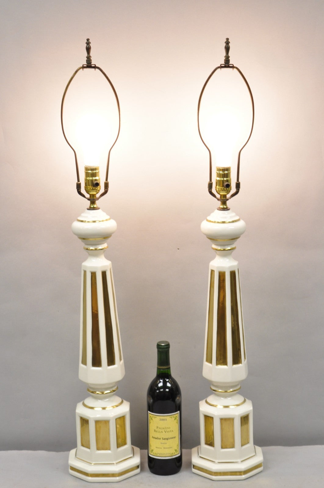 Vintage Italian Hollywood Regency Cream & Gold Porcelain Column Table Lamp, Pair