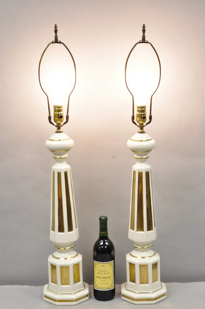 Vintage Italian Hollywood Regency Cream & Gold Porcelain Column Table Lamp, Pair