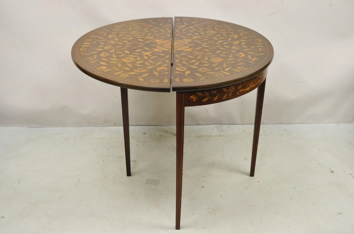 Antique Dutch Marquetry Inlay Flip Top Demilune Round Console Game Table