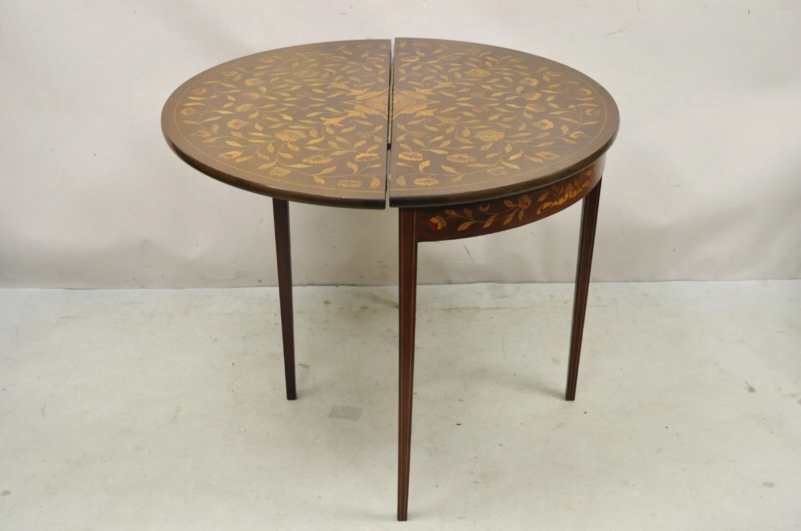 Antique Dutch Marquetry Inlay Flip Top Demilune Round Console Game Table