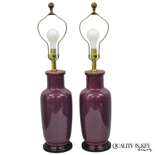 Vintage Chinoiserie Plum Purple Ceramic Porcelain Jardiniere Table Lamps - Pair