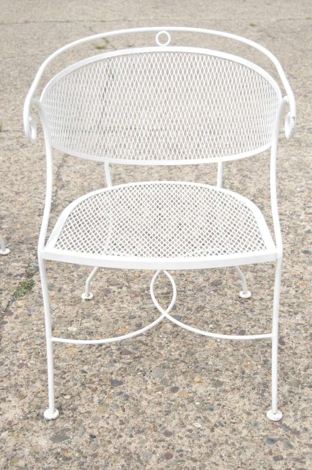Vintage Hollywood Regency Scrolling Wrought Iron Barrel Back Patio Chairs Set 4