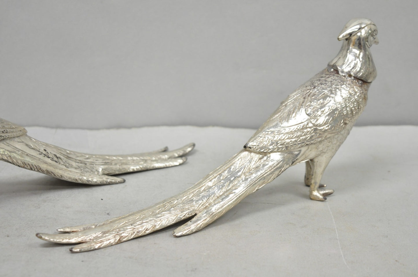 Vintage Mid Century Modern Silver Plated Pheasant Peacock Bird Figurines - Pair