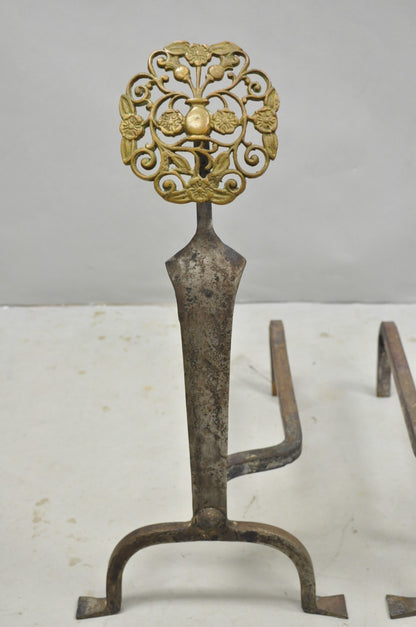 Antique French Art Nouveau Hand Hammered Wrought Iron & Bronze Andirons - a Pair