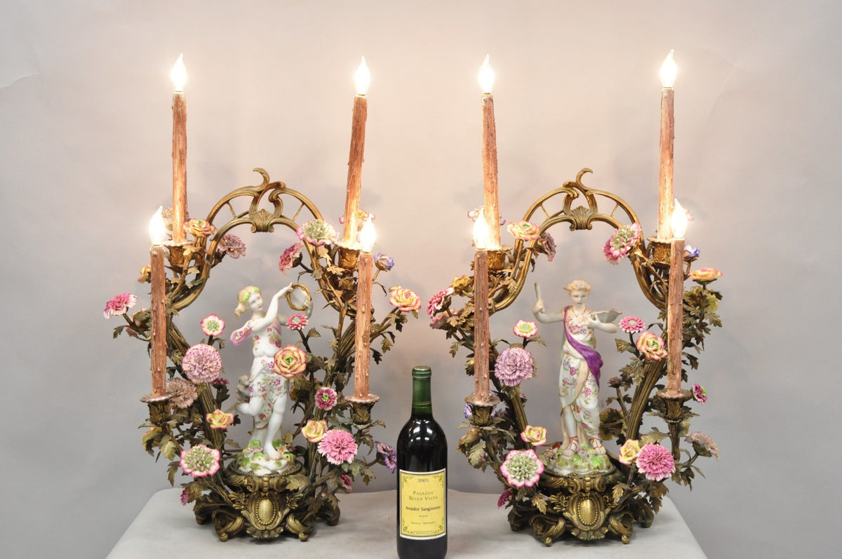 French Louis XV Repro Bronze & Porcelain Candelabra Lamps by United Wilson, Pair