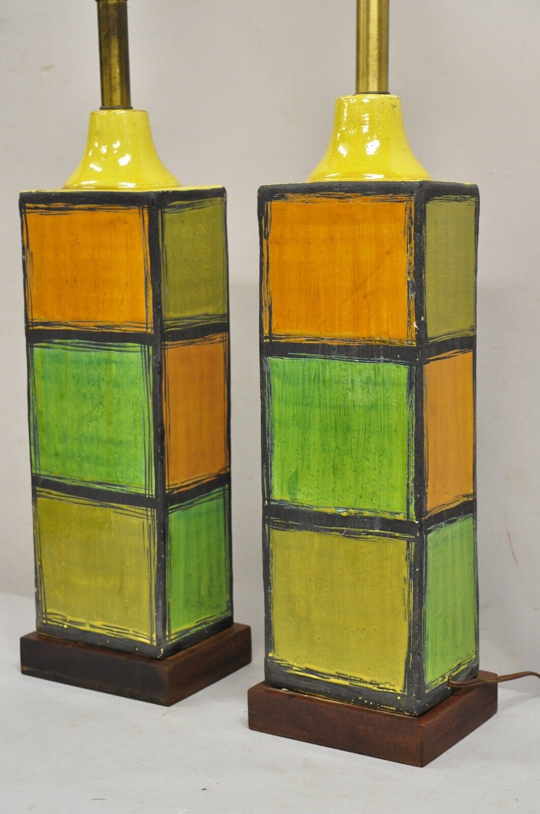 Aldo Londi Bitossi Italy Mid Century Modern Ceramic Square Vase Table Lamp Pair