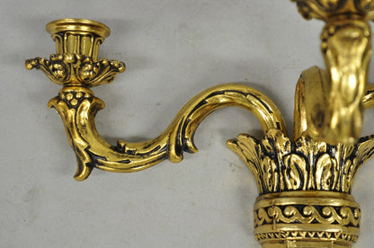 Vintage French Empire Gold Gilt Metal 3 Arm Torch Candelabra Wall Sconces a Pair