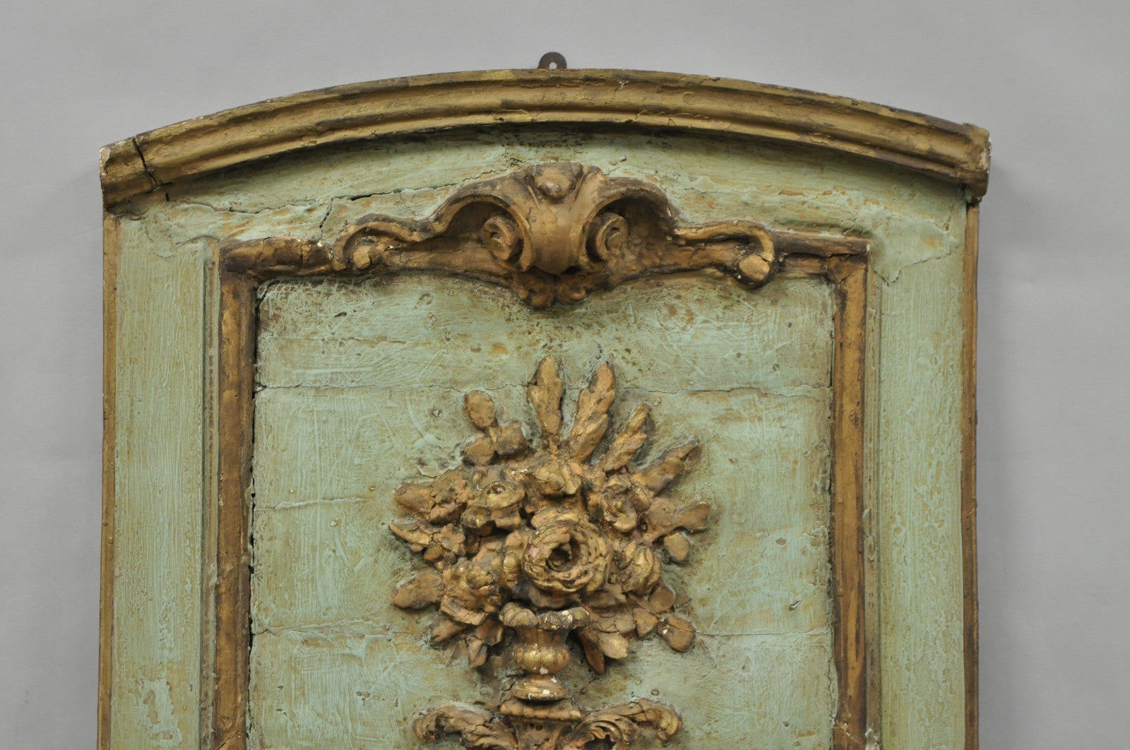 18th C French Louis XV Baroque Style Green Distress Painted Trumeau Wall Mirror