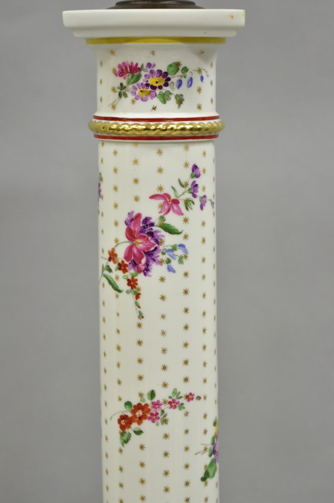 Vintage Victorian French Porcelain Column Table Lamps w Painted Flowers - a Pair