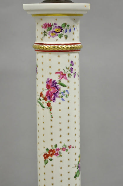 Vintage Victorian French Porcelain Column Table Lamps w Painted Flowers - a Pair
