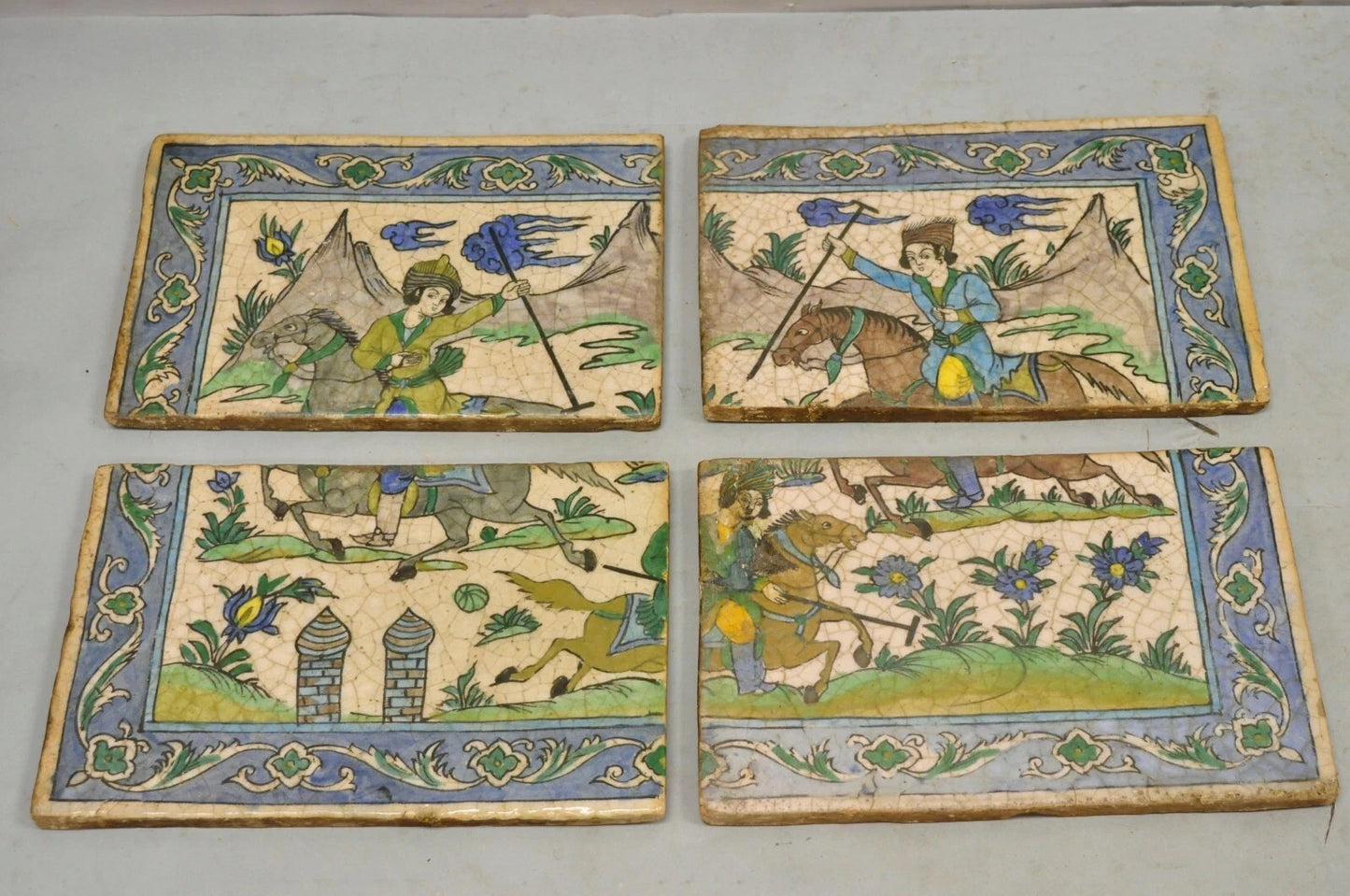Antique Persian Iznik Qajar Style Ceramic Pottery Tile Mosaic Polo Players C7