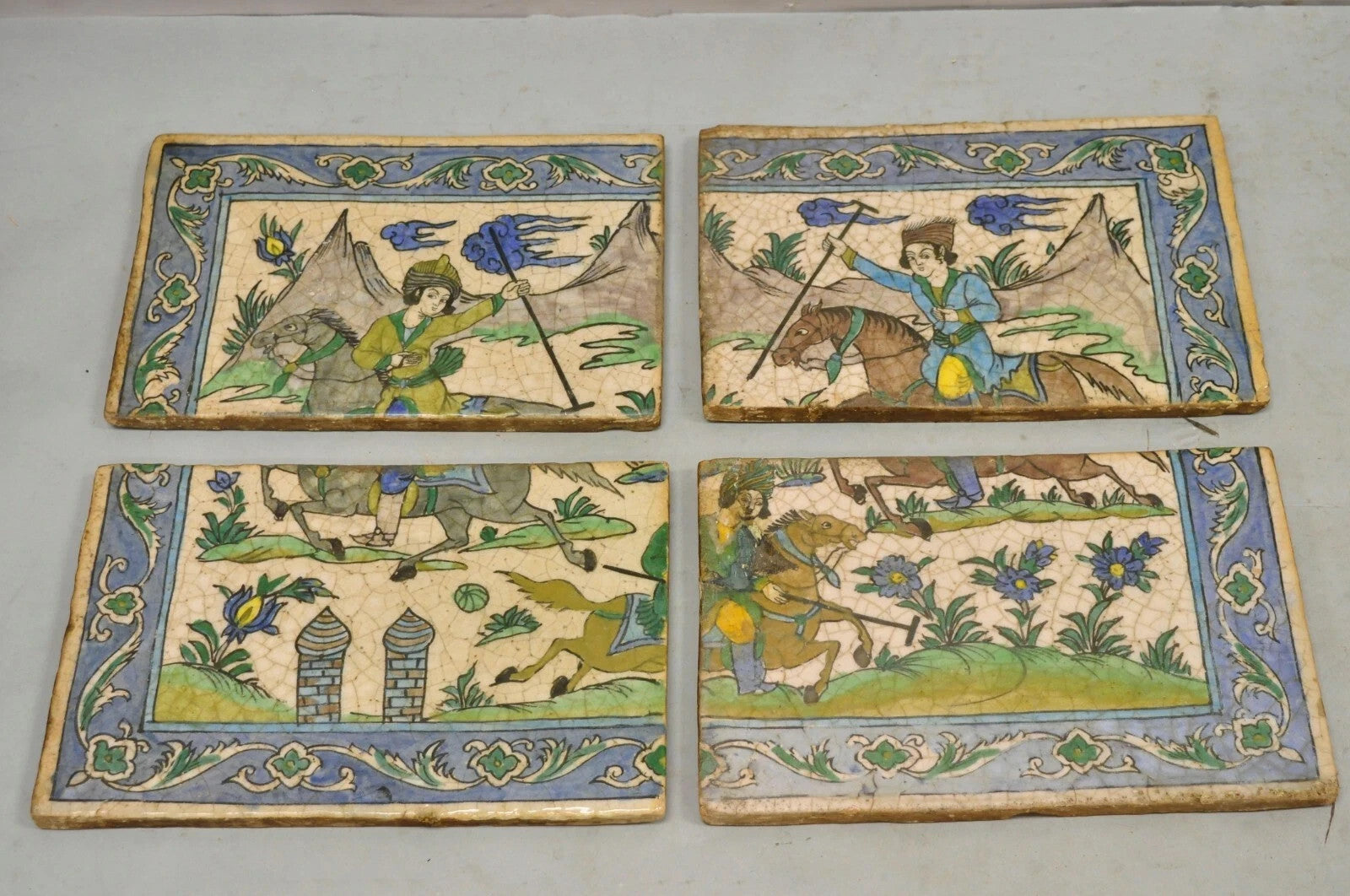 Antique Persian Iznik Qajar Style Ceramic Pottery Tile Mosaic Polo Players C7